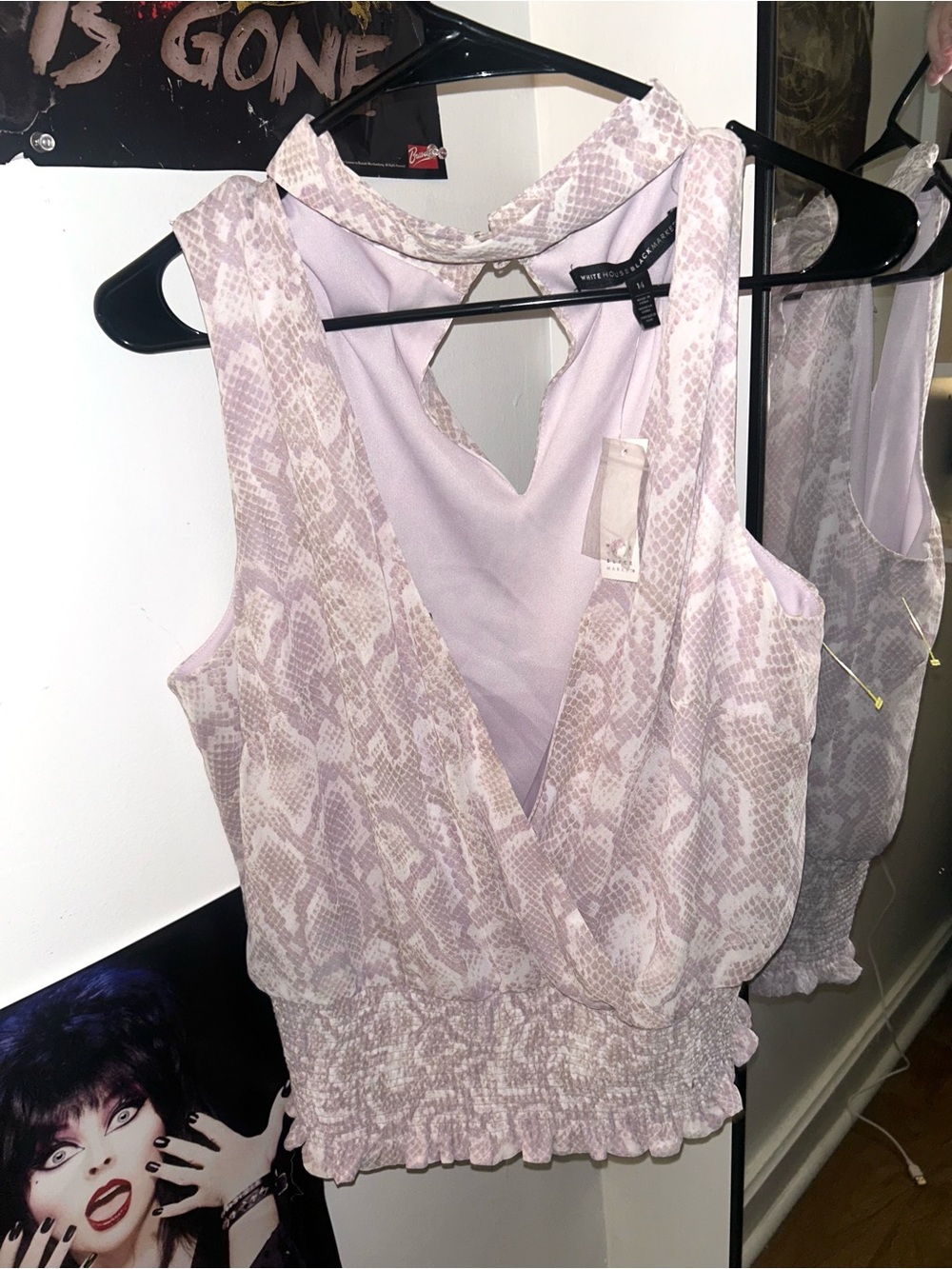 White House Black Market Light Lavender Snake-Print Sleeveless V-Neck Blouse